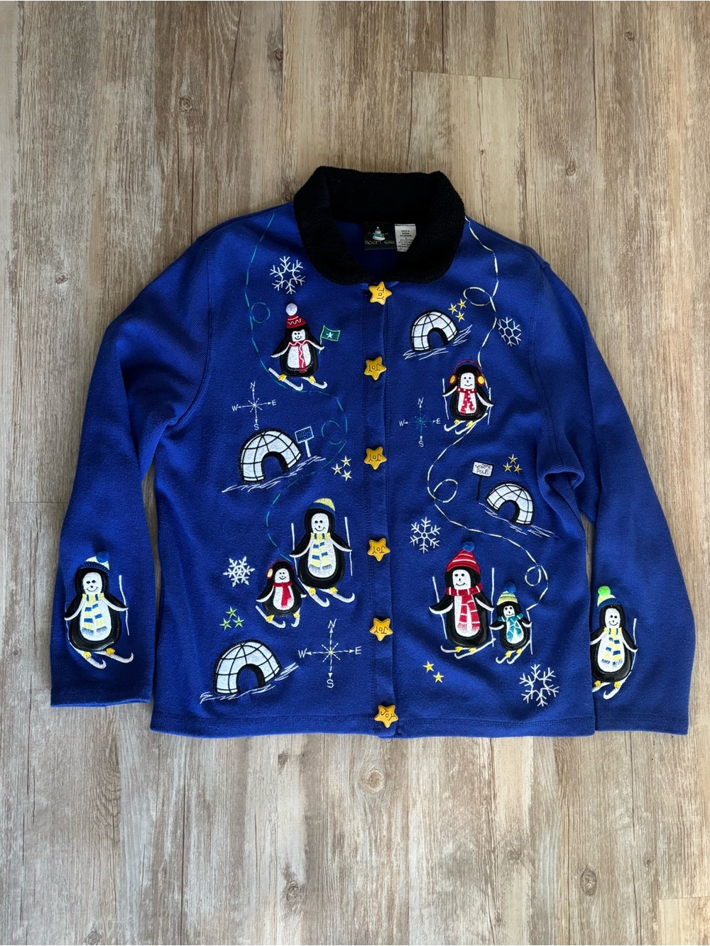 Sport Elle Penguin Sweater Royal Blue Star Buttons Women Large
